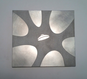 Title: "FLYING SAUCER"  10" x 10" Media: Aluminum plate with acid etched image.    